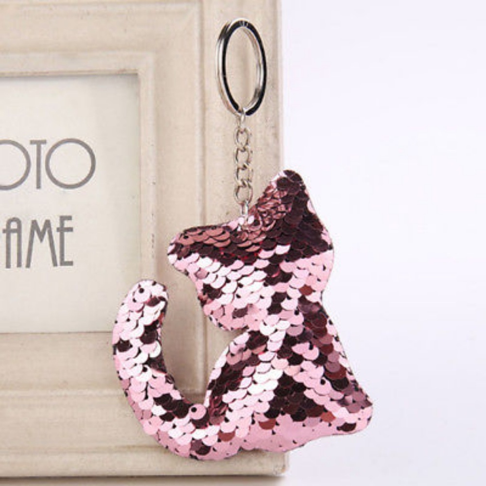 Pink Sequin Kitty Keychain